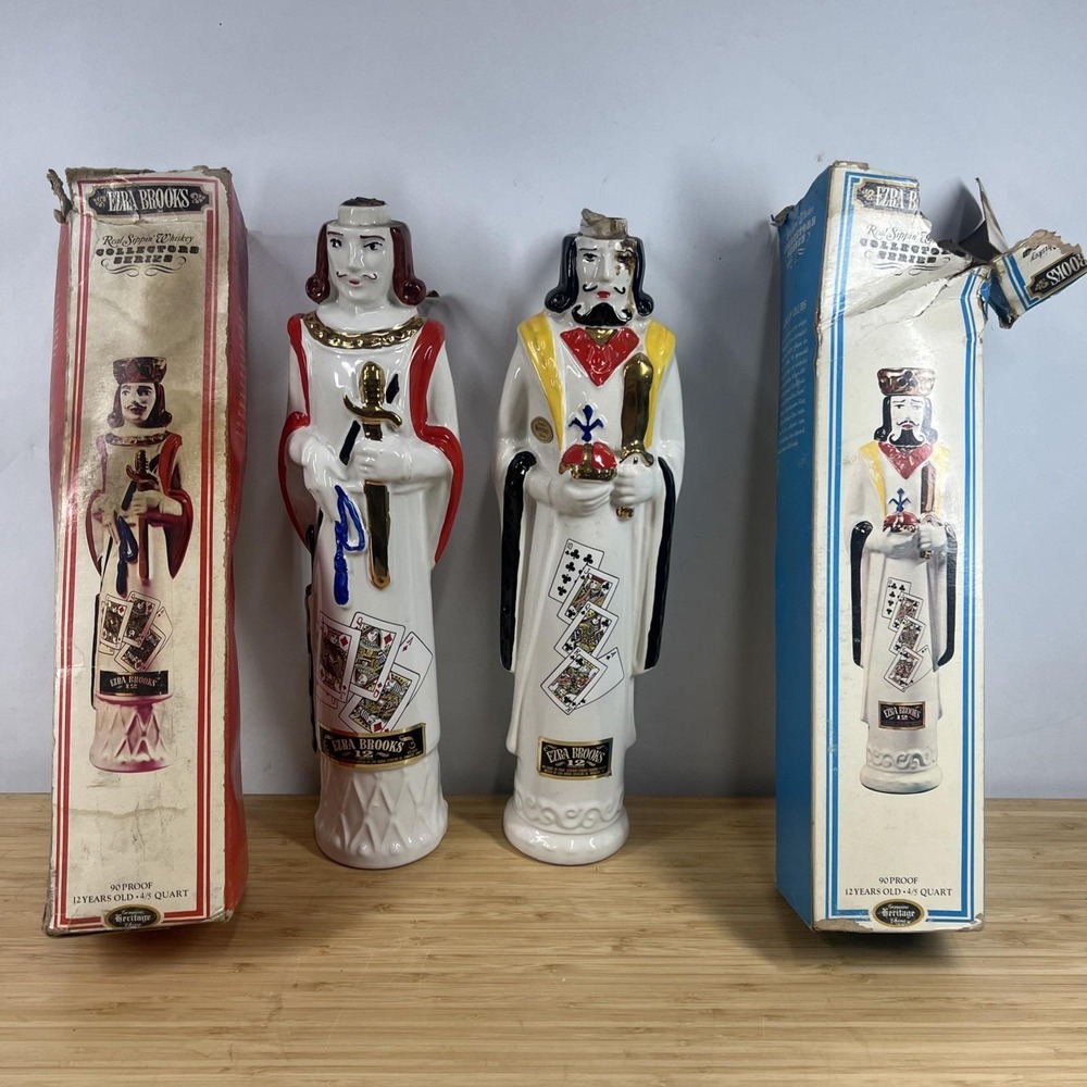 Ezra Brooks King of Diamonds & King of Clubs Decanters w/‎ Boxes 1960s Vintage